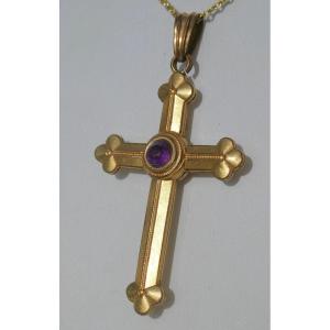 Croix Pendentif époque Napoléon III , Pomponne Et Amethyste , Style Gothique , Bijou De Cou 