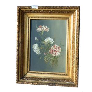 Painting On Porcelain Period Late 19th Century, Napoleon III Bouquet Of Flowers, Golden Frame 