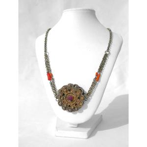 Coral & Glass Sterling Silver Necklace, Ethnic Jewelry, Premier Art, Tunisia 1900