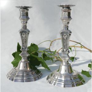 Pair Of Candlesticks / Torches In Silvered Bronze, Regency Style Circa 1860, Napoleon III