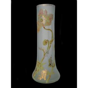 Large 19th Century Roller Vase In Enameled Glass, Decorated With Poppies, Art Nouveau Style, Legras, 1900