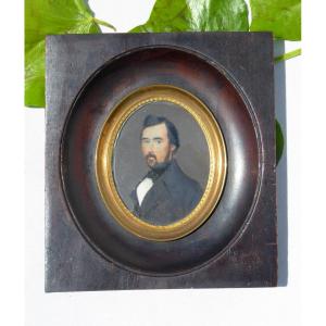 Portrait Of Dandy Early 19th Century, Dated 1844 And Signed, Miniature Man, Watercolor 