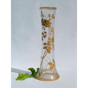 Grand Vase Diabolo En Cristal De Baccarat , Décor émaillé à Chaud De Dorure , Japonisme 1880