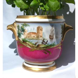 Cache Pot En Porcelaine De Paris , Décor Maritime , Rose Fuschia , Voilier XIXe , Dorure