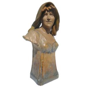 Bust Of Young Woman In Art Nouveau Terracotta, Signed Goldscheider 19th Century, 1900, Sculpture