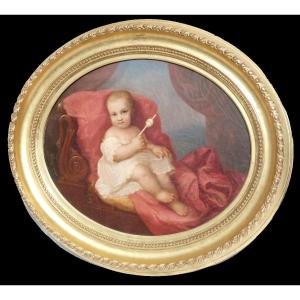 Oil On Canvas Portrait Of The King Of Rome In The Cradle, Son Of Napoleon I, Empire Eaglet, Baby