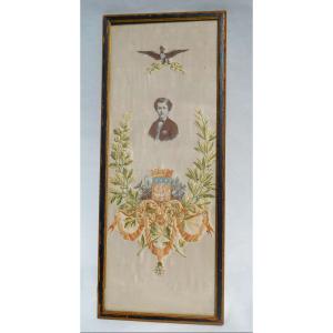 Portrait Of The Prince Imperial, Embroidery On Silk Napoleon III, 19th Century Framing, Souvenir 1867