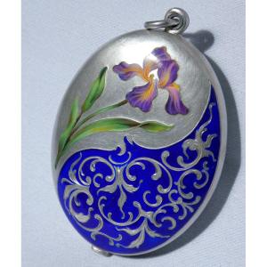 Art Nouveau Period Pendant, Enameled Iris, Photo Holder, 1900 Medallion, Enamel, Jewel