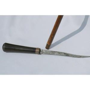 Canne à Systeme épée / Poignard , Jonc De Malacca , époque XIXe Siecle , Lame Gravée 