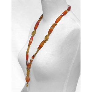 Long Necklace In Agate & Silver Vermeil. 20th Century Ethnic Jewelry 
