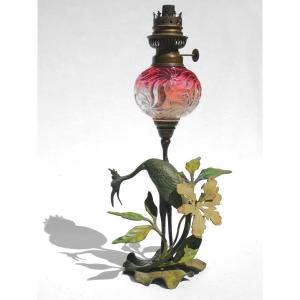 Lampe à Petrole En Cristal De Baccarat , Plomb De Nuremberg Modele Japonisant Art Nouveau XIXe