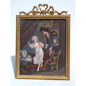 Erotic Miniature Painting 19th Century, 18th Century Style After Pierre Antoine Baudouin Curiosa