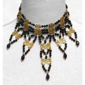 Napoleon III Period Necklace, Choker In 19th Century Drapery Jewel In Jet & Pompon Evening / Ball