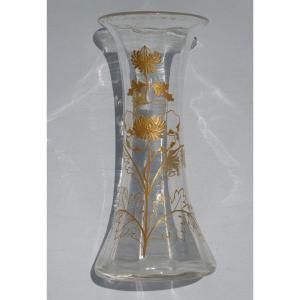 Diabolo Vase Enamelled By Baccarat, Hot Enameled Decor With Gilding, Japonism 1880