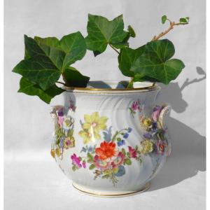 19th Century Saxony Porcelain Planter, Carl Theme Napoleon III Flowers Meissen Style