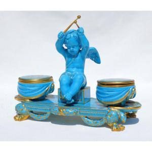 Sevres Style Turquoise Porcelain Inkwell, Amour Au Tambours Angelot 18th Century, Napoleon III