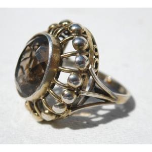 Art Deco Period Ring 1930, Antique Jewelry, Silver Vermeil Setting, Smoky Quartz