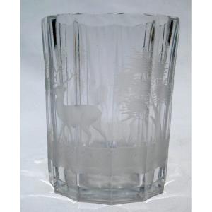 Large Crystal Glass / Vase Signed By Baccarat, Engraved Decor Of Stag And Doe, Napoleon III 