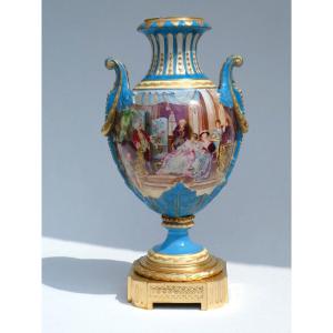 Large Paris Porcelain Vase, Sevres Style, Napoleon III Period, 19th Century, Gilt Bronze 