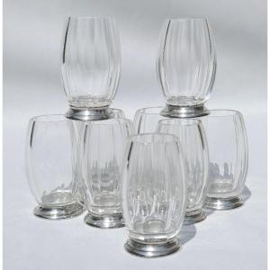 Series Of 9 Crystal & Sterling Silver Glasses, Art Deco Goblets, Vases, Table Runner 1920