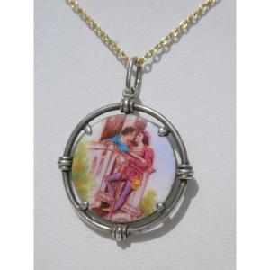 1900 Period Medallion, Tristan & Iseult, Painted And Enameled Pendant, Sterling Silver Jewel