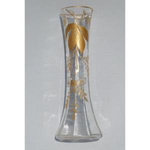 Baccarat Crystal Enameled Vase, Rosehip Enameled Decor Gilding, Japonisme 1880 19th