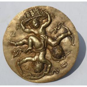 Bas Relief In Bronze, Allegory Of Love, Puttis, Tondo Nineteenth Eighteenth Style, Clodion