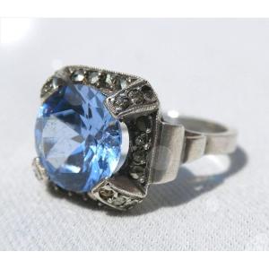 Art Deco Ring 1930, Antique Jewelry, Silver Setting, Aquamarine 