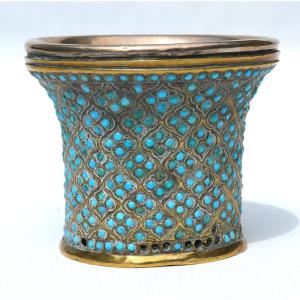 Ghalian Cup For Hookah In Brass And Turquoises, Persian, Qajar, 19th Century, Cup, Goblet 