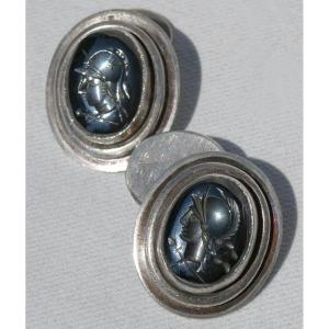 Pair Of Cufflinks, Glass Intaglio, Empire Style, Antique Profile 1900, Jewel