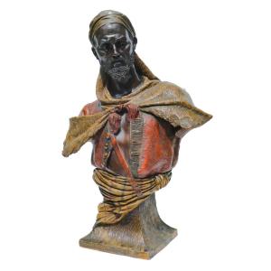 Large Polychrome Terracotta Bust, Orientalist Man With Turban, Goldscheider Antar 19th Century