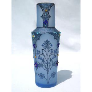 Enameled Glass Vase By Theodore Legras, Art Nouveau Decor, 19th Century Cabochons, Garnier