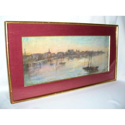 Pastel Encadré , Vue d'Un Port Au Crepuscule; Signé & Daté . Impressionnisme XIXe