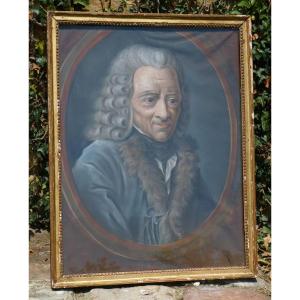 Portrait 18th Century Period, Philosopher Voltaire, Age Of Enlightenment, Pastel, Golden Frame