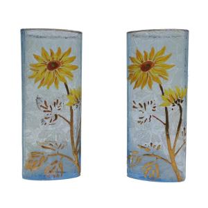 Paire De Vases En Verre émaillé , Legras Modele Saint Martin , Art Nouveau , Montjoye , Dahlia