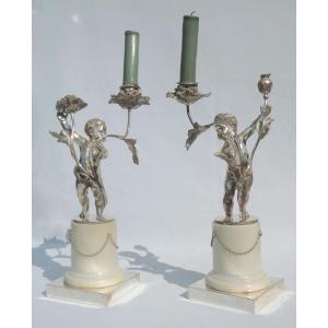 Pair Of Candlesticks / Candelabras In Silver Bronze Napoleon III White Marble Candlesticks Putti