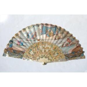 18th Century Fan, The Judgment Of King Midas, Carved Mother-of-pearl, Painting On Vellum Circa 1770 