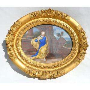 Religious Gouache, 18th Century, Saint Peter And The Rooster, Painting, Gilded Frame