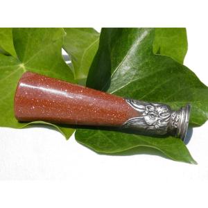 SCEAU à cacheter , tampon à cire en goldstone et argent massif , époque 1900 Art Nouveau XIXe
