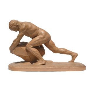 GRAND GROUPE EN TERRE CUITE EPOQUE ART DECO , HOMME NU SIGNé BARGAS , 1920 , LA FORCE