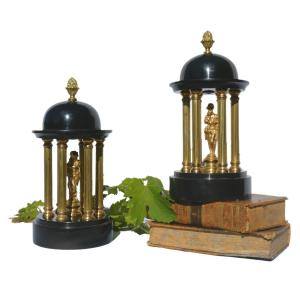 Paire De Temples Antiques Style XVIIIe siecle , Marbre & Bronze Doré , Rotonde XIXe Colonnes 