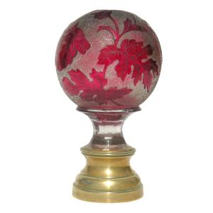 19th Century Staircase Ball, Saint Louis Crystal, Fushia Pink, Acid Etched 