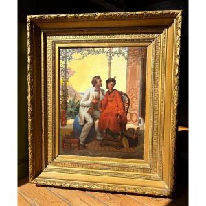 Oil On Orientalist Panel Signed Théodore Delamarre, Gallant Couple Asia / China 19th Century