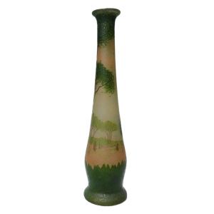 Grand Vase Soliflore En Verre émaillé , Decor Lacustre , Theodore Legras , XIXe , Voiliers