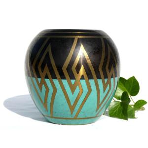 1920s Ball Vase, Art Deco, Geometric Decor, Wmf Austria Vienna Dinanderie, Metal