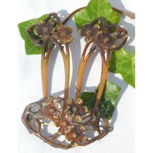 Art Nouveau Hair Ornament, Pair Of 1900 Combs, Jeweled Barrette, Jeweled Bun