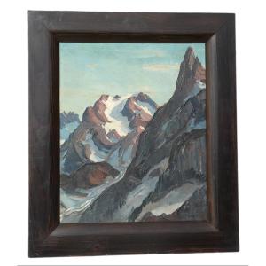 HUILE SUR PANNEAU , SIGNE LUCIEN POIGNANT , PAYSAGE MONTAGNEUX , Massif De La Vanoise ART DECO