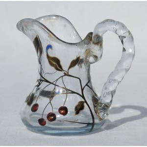 Miniature Creamer Signed Emile Gallé Enameled Glass 1890 Art Nouveau 19th Century, Cherry Wood, Pitcher