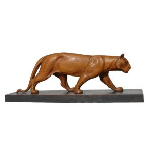 Art Deco Animal Sculpture, Carved Wooden Panther, 1920, Lucien Alliot Style 