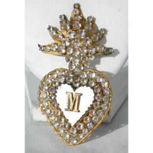 Reliquaire Epoque Napoleon III , Nacre & Pomponne XIXe , Bijou D'Eglise Ex Voto Strass , Coeur